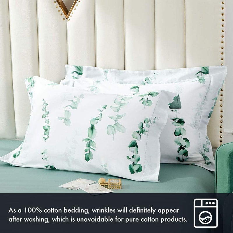 MILDLY Duvet Cover Set, 100% Long Staple Cotton Green Eucalyptus Round Leaves Plant Pattern White Summer Comforter Cover Set 3pcs - Image 5